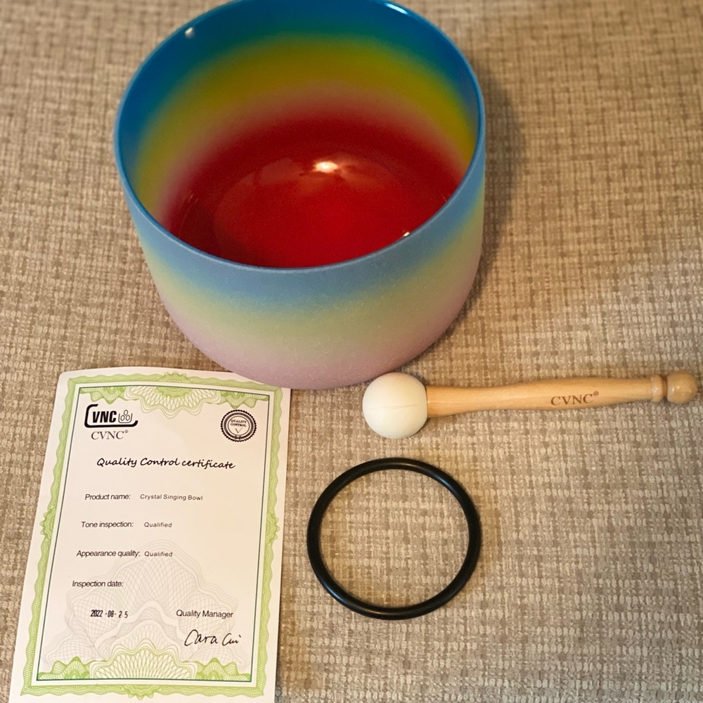 8 Inch Rainbow Colored Throat Chakra G Note Frosted Quartz Crystal Singing Bowl.